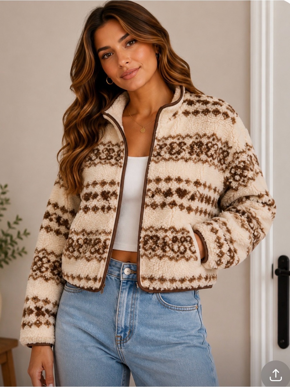 Anthro Saltwater Luxe Cozy Sherpa Zip Jacket in Cream and Brown small